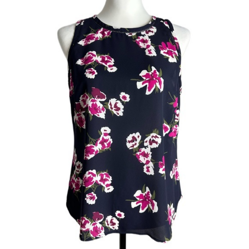 J.Crew Floral Sleeveless Ladder Trim Blouse Navy Pink Womens 4